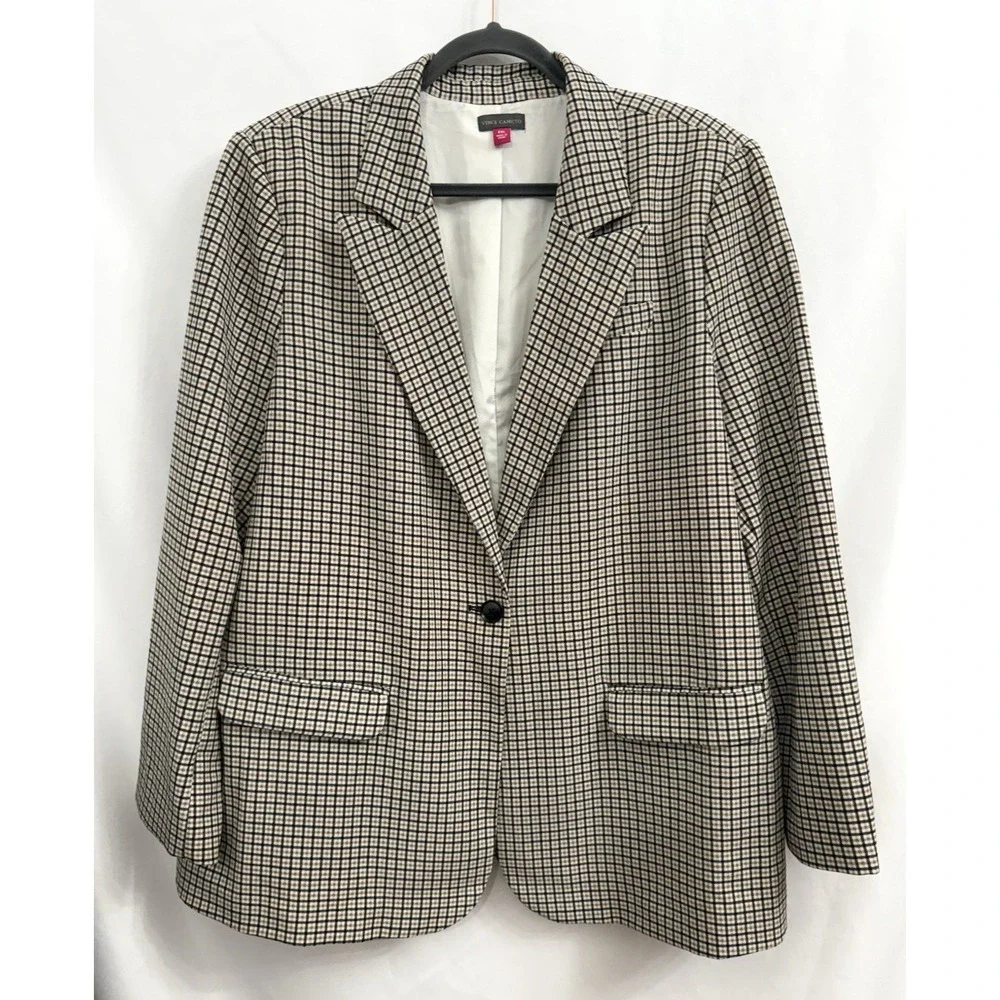 Vince Camuto Plaid Blazer Brown Black Cream Stretch Knit Lined Womens Size XXL‎
